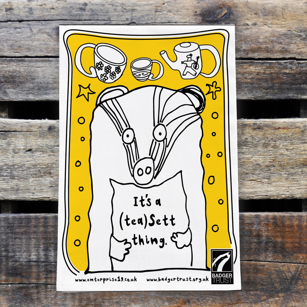 The Badger Trust Tea Sett Teatowel. Yellow