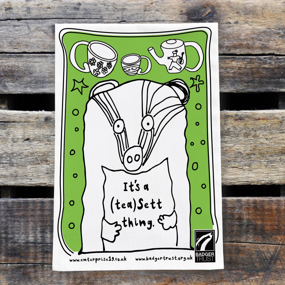 The Badger Trust Tea Sett Teatowel. Green