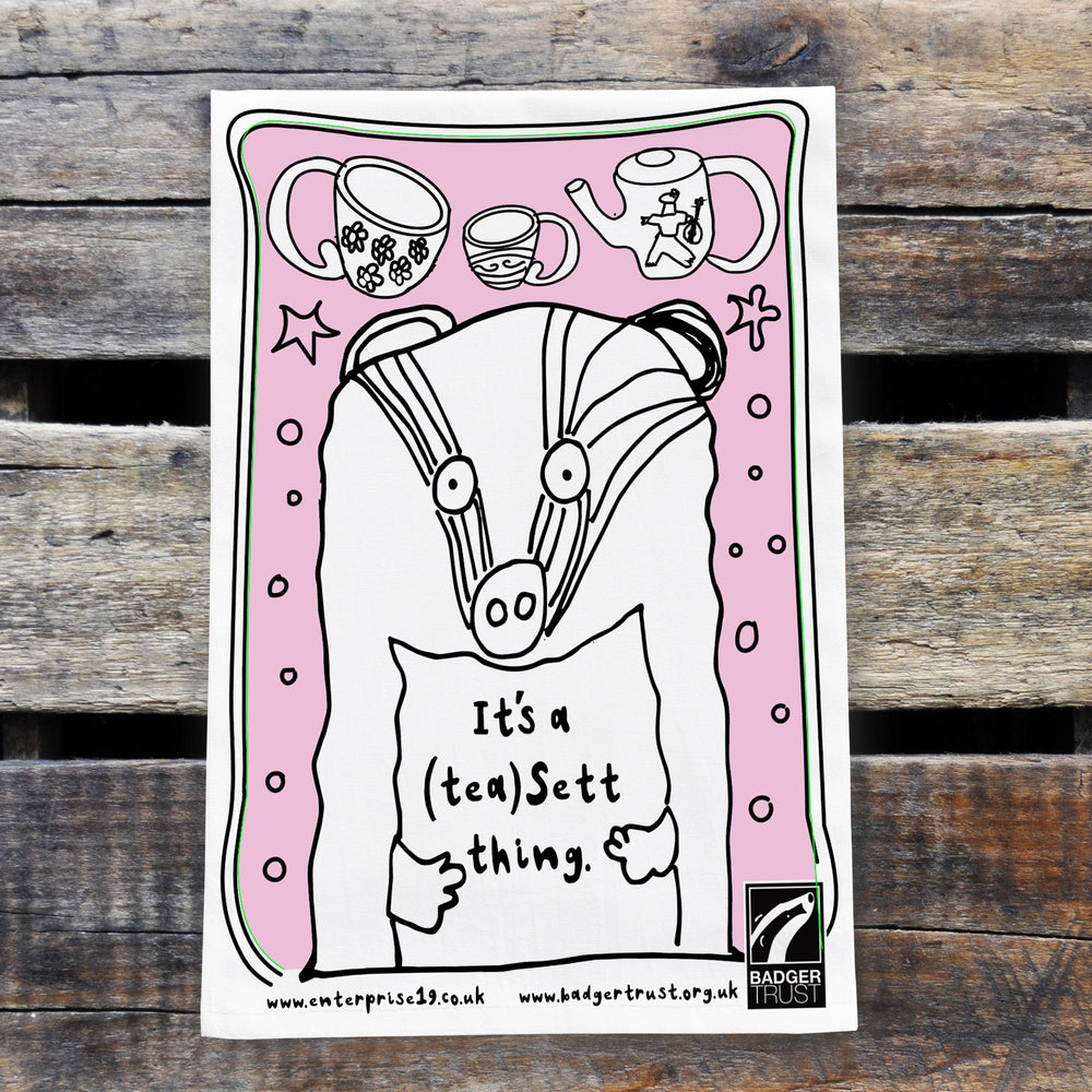 The Badger Trust Tea Sett Teatowel. Pink